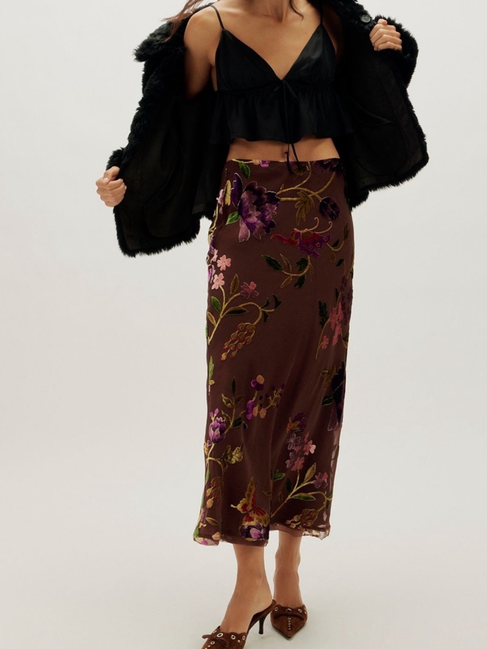 Free People Secret Garden Burnout Floral Midi Skirt- Chocolate Combo